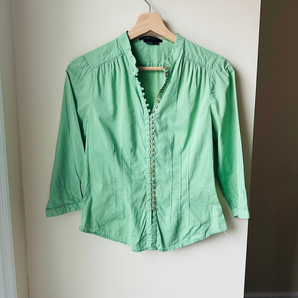 BCBGMAXAZRIA Womens Mint Green 100% Cotton Pintuck 3/4 Sleeve Blouse Small